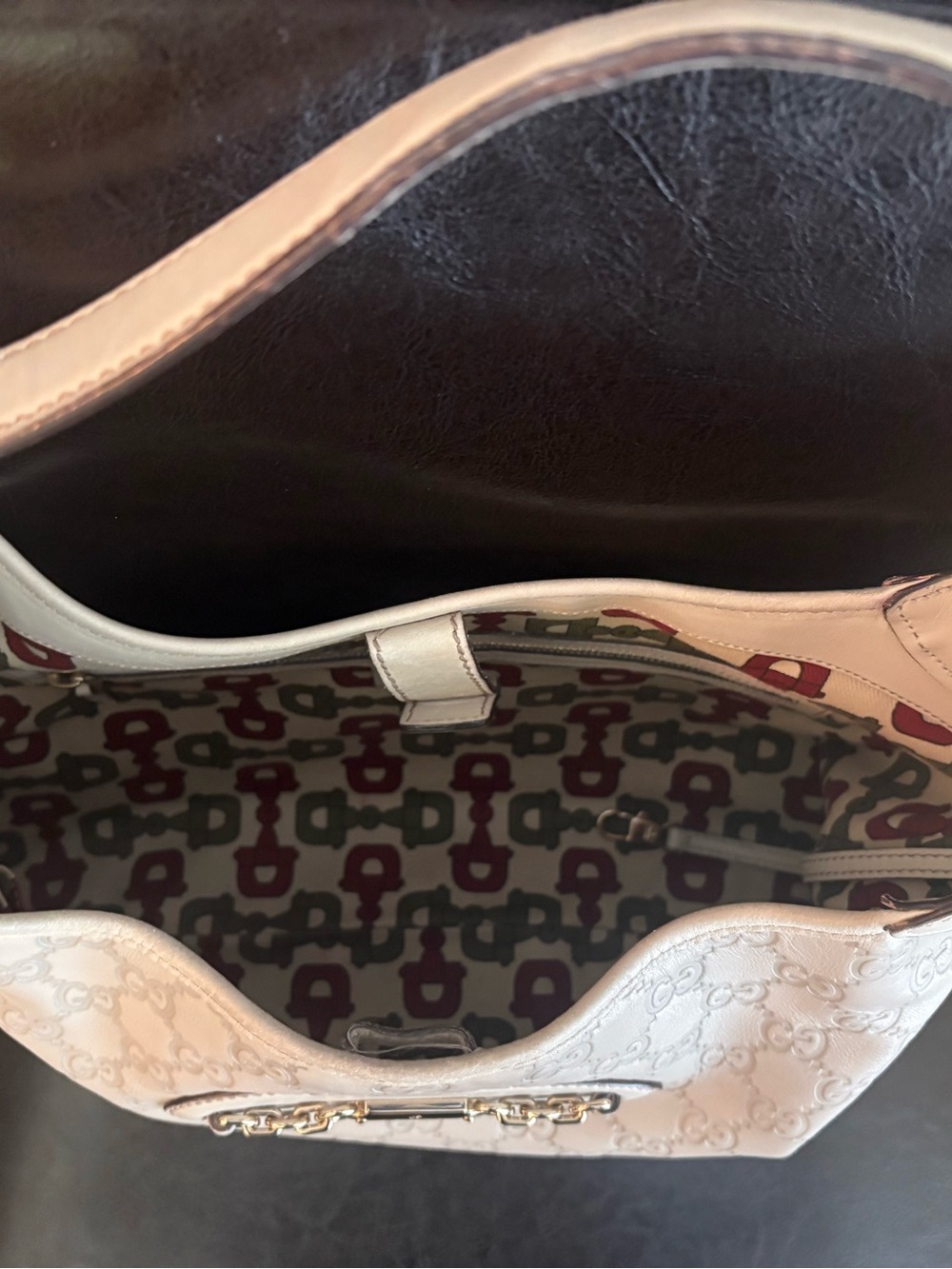 Beautiful Vintage Gucci Ivory GG Monogram Punch Hobo Bag with Gold Hardware - Picture 6 of 15